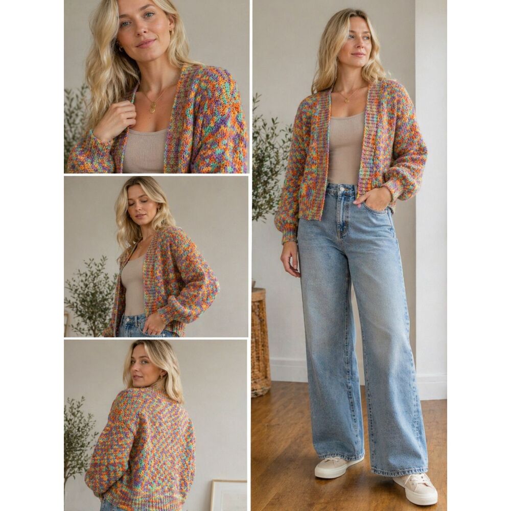Eunoia Co Multicolor Chunky Knit Cardigan Open Front Sweater